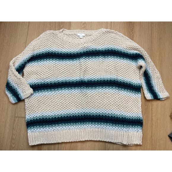 J. Jill Open-Knit Striped Cotton Fisherman Sweater Size L - Picture 1 of 3